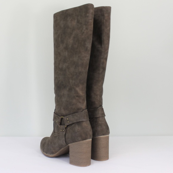 New Brown Heel Knee Zipper Boot Faux Leather - Picture 4 of 8